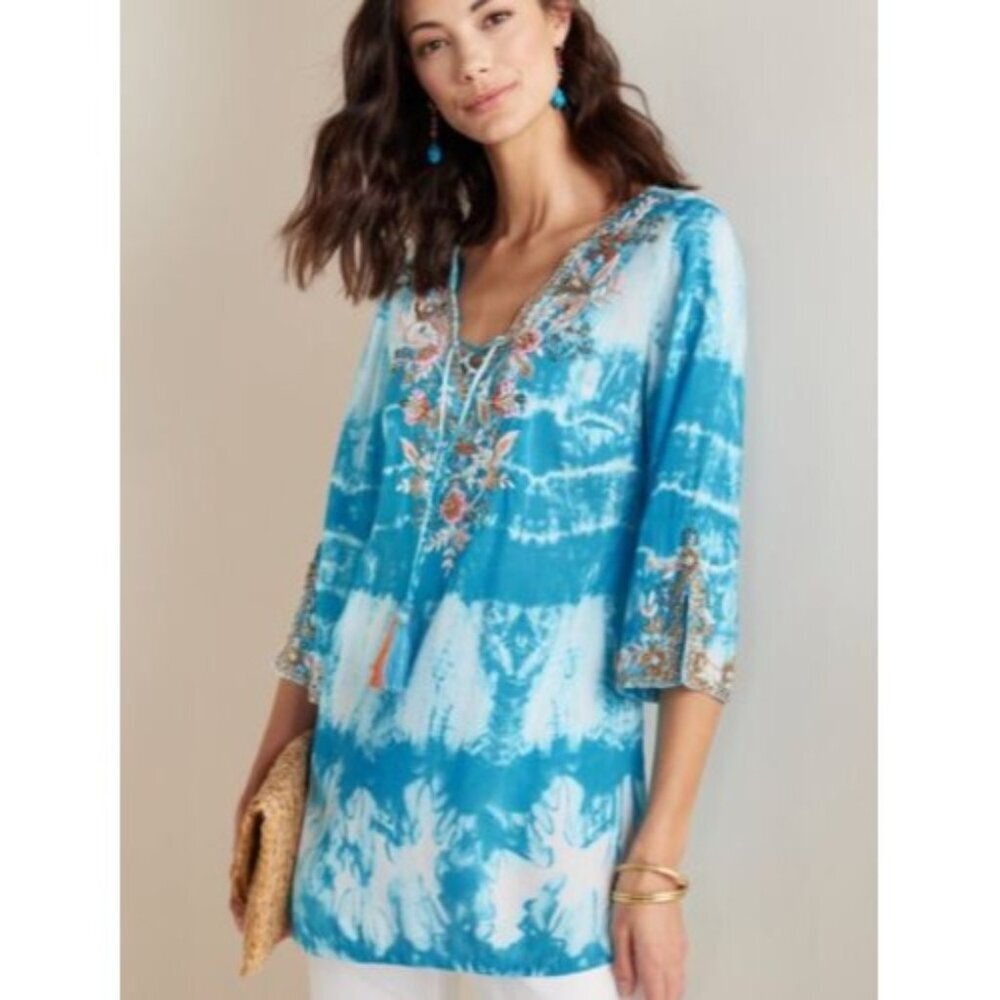 Soft Surroundings Icon Beverly Tunic Top PM Sky Blue Embroidered Boho Artsy